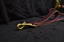 Load image into Gallery viewer, hand sewn leather dog leash eggplant leather brass hardware
