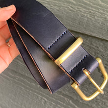 Load image into Gallery viewer, hand sewn navy leather brass hardware belt
