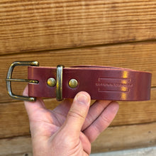 Load image into Gallery viewer, Leather Belt - Burgundy Harness/Antique Brass
