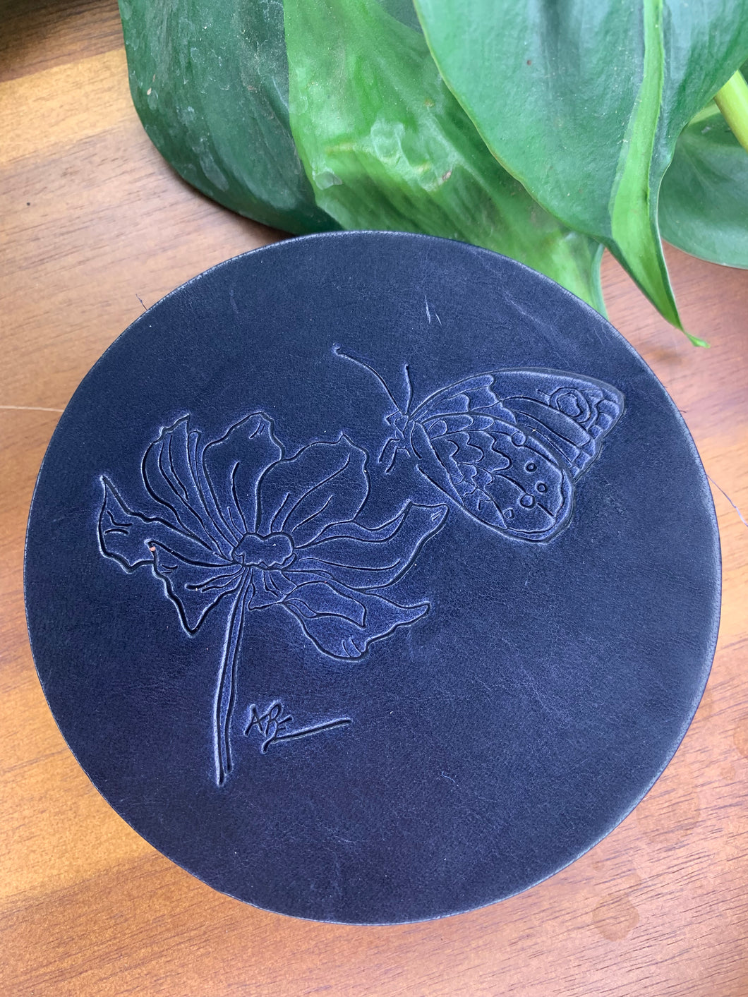 Leather Coaster - Alison Emery - Butterfly & Flower