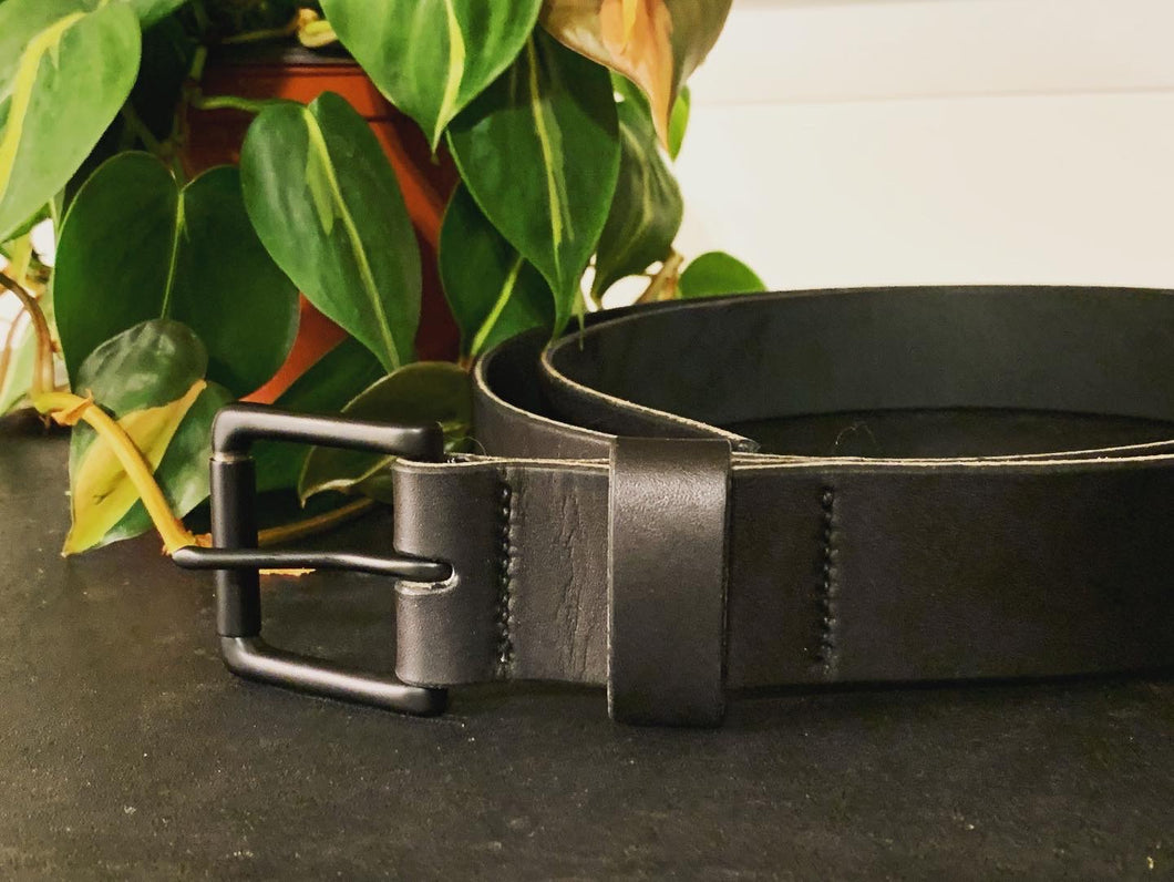 hand sewn black leather matte black hardware belt