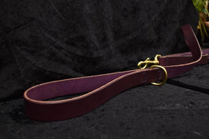 hand sewn leather dog leash eggplant leather brass hardware