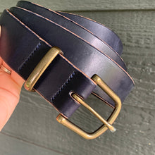 Load image into Gallery viewer, hand sewn navy leather antique brass hardware belt
