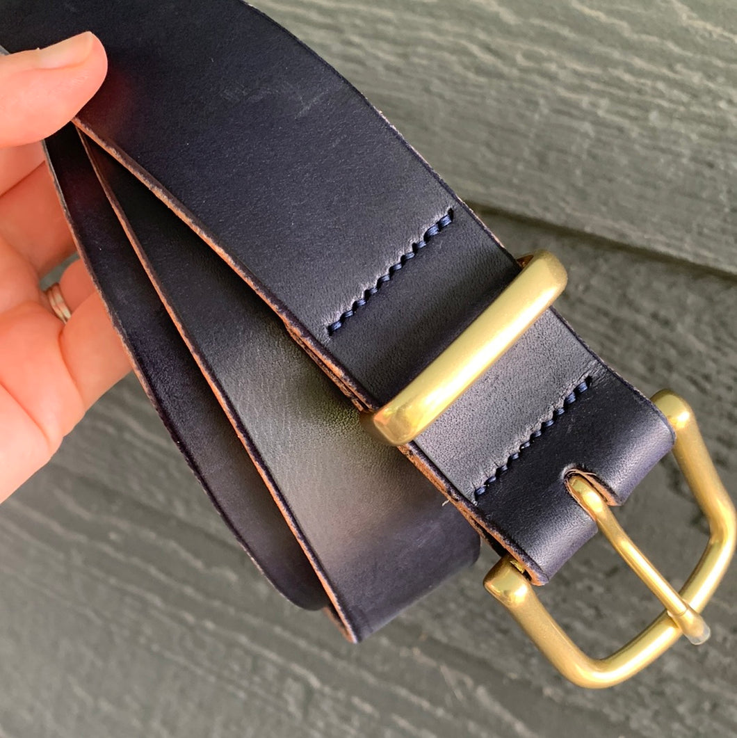 hand sewn navy leather brass hardware belt